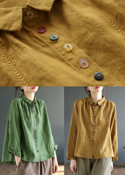 Green Linen Loose Shirts Embroidered Button Fall
