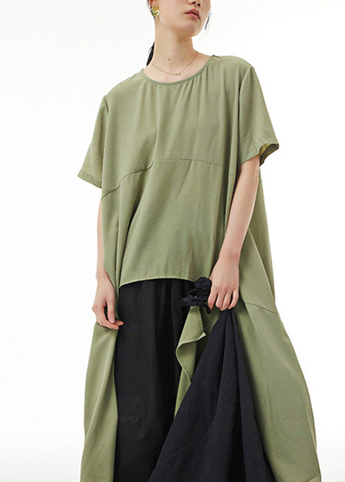 Green Loose Cotton Tops Asymmetrical Low High Design Summer