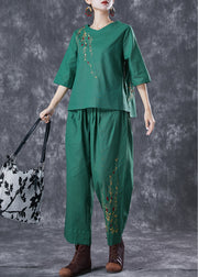 Green Loose Linen Two Pieces Set Embroidered Summer