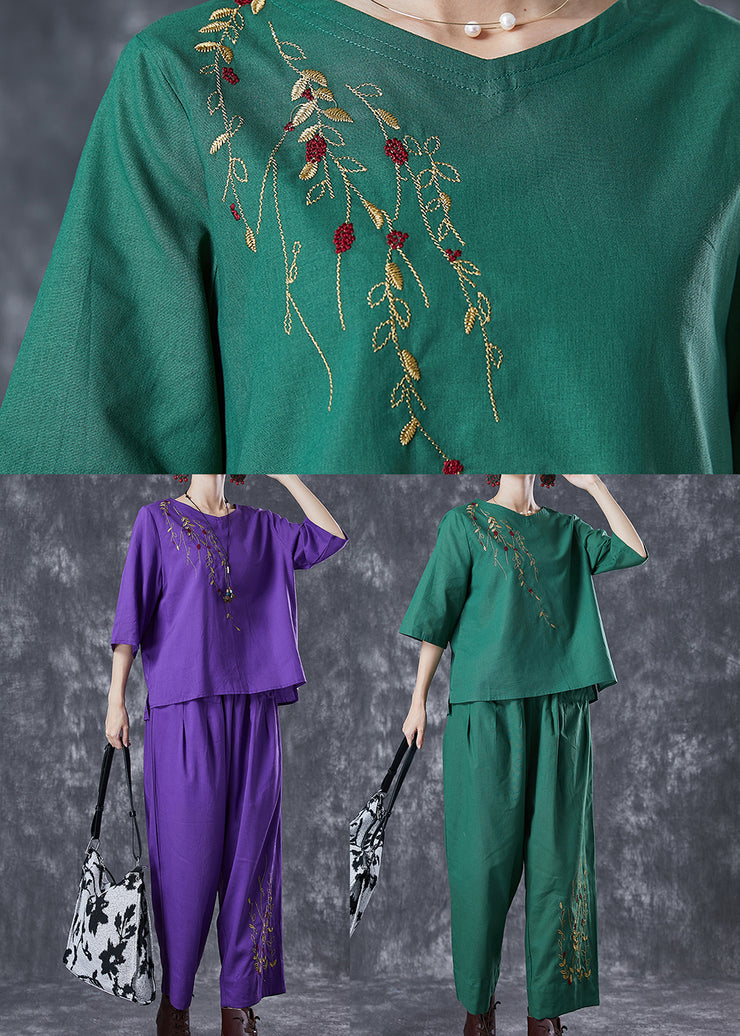 Green Loose Linen Two Pieces Set Embroidered Summer