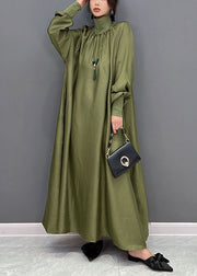 Green Loose Silk A Line Dresses High Neck Draping Spring