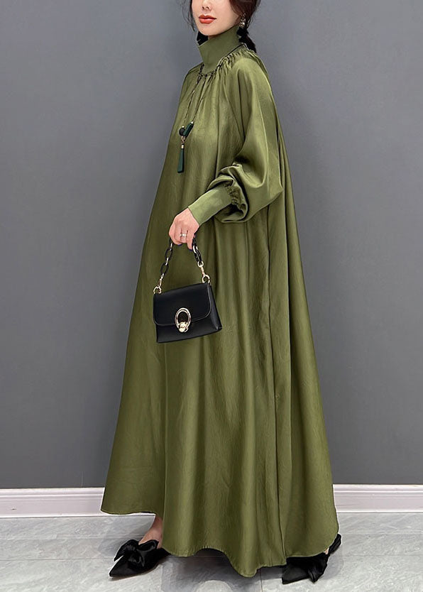 Green Loose Silk A Line Dresses High Neck Draping Spring