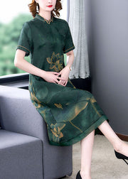 Green Lotus Print Silk A Line Skirts Stand Collar Summer