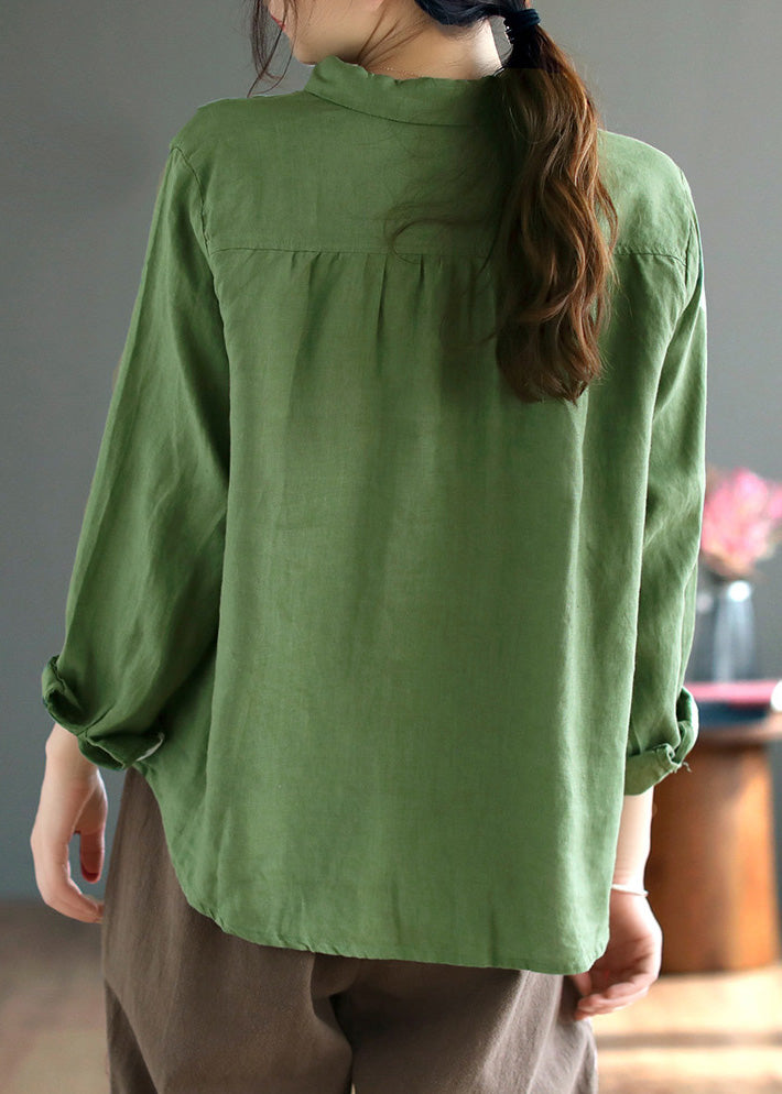 Green Low High Design Button Linen Shirt Long Sleeve