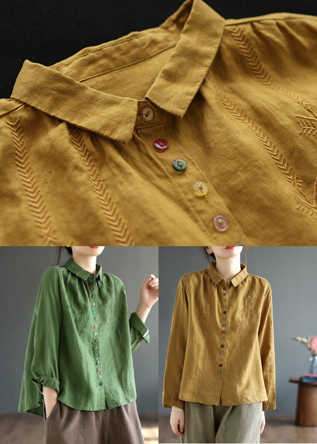 Green Low High Design Button Linen Shirt Long Sleeve