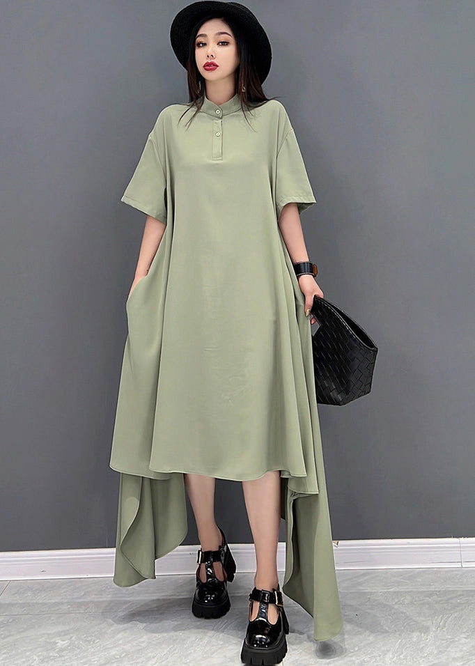 Green Low High Design Chiffon Shirt Dresses Stand Collar Short Sleeve