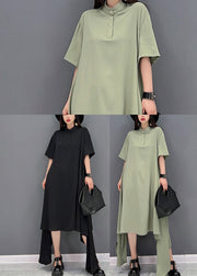 Green Low High Design Chiffon Shirt Dresses Stand Collar Short Sleeve