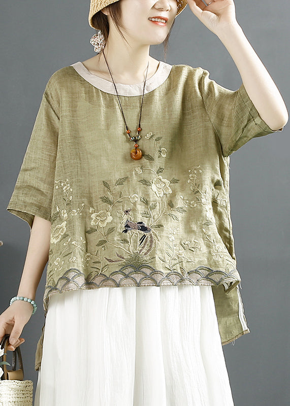 Green Low High Design Linen Shirts Embroidered Summer