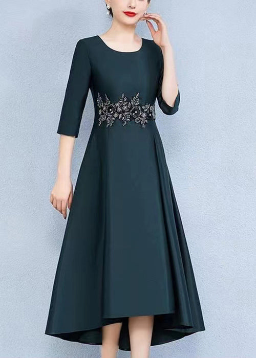 Green Low High Design Patchwork Silk Long Dress O Neck Summer