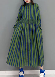 Green Maxi Dresses Stand Collar Cinched Spring