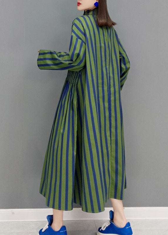Green Maxi Dresses Stand Collar Cinched Spring