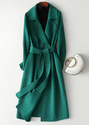 Green Notched Tie Waist Woolen Long Coats Fall