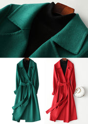 Green Notched Tie Waist Woolen Long Coats Fall