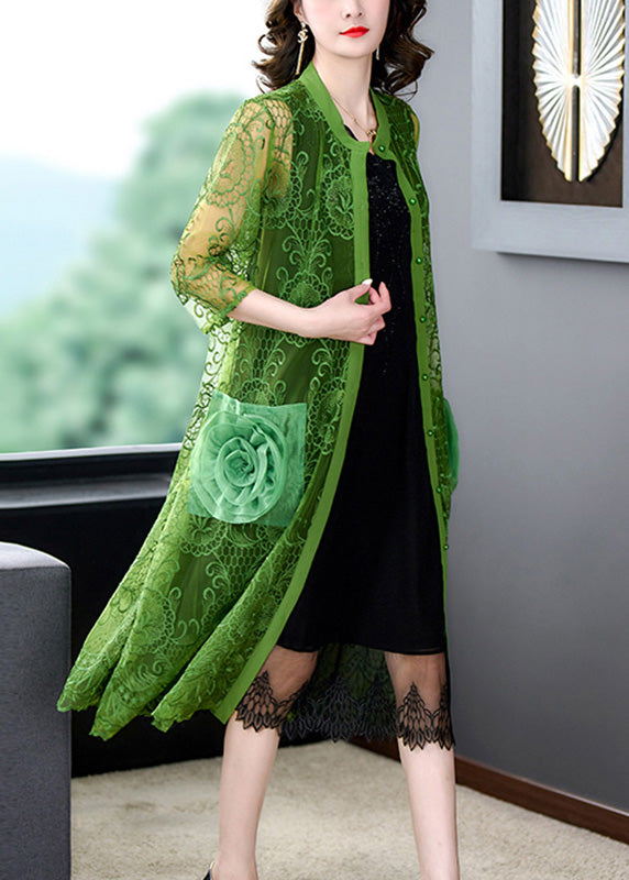 Green O-Neck Lace Patchwork Button Tulle Maxi Coats Summer