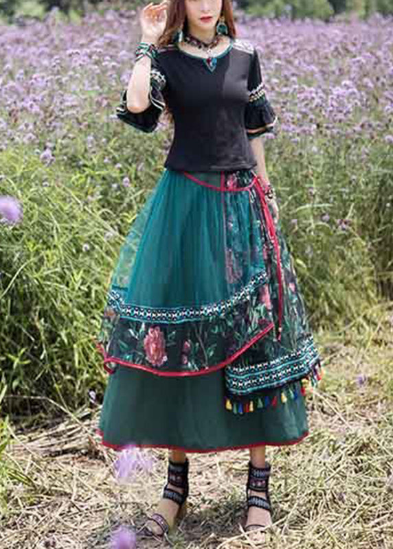 Green O-Neck Top And Skirts Tulle Two Piece Set Summer