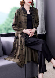 Green Oriental Silk Coat Outwear Stand Collar Print Long Sleeve