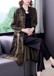 Green Oriental Silk Coat Outwear Stand Collar Print Long Sleeve