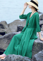 Grünes, originales, mehrlagiges langes Kleid mit Taillenbund und Dreiviertelärmeln