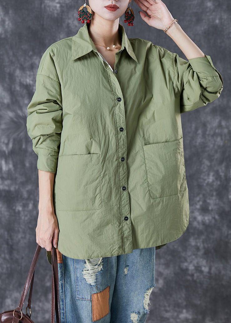Green Oversized Cotton Shirts Pockets Side Open Fall