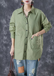 Green Oversized Cotton Shirts Pockets Side Open Fall