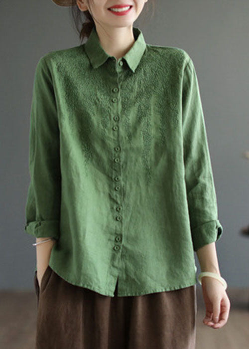 Green Oversized Linen Top Peter Pan Collar Embroidered Spring