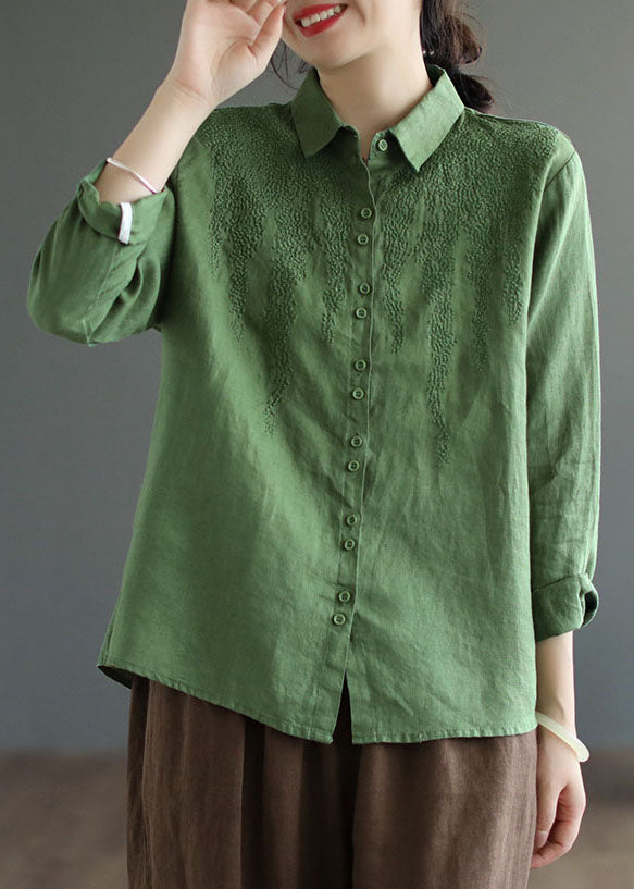 Green Oversized Linen Top Peter Pan Collar Embroidered Spring