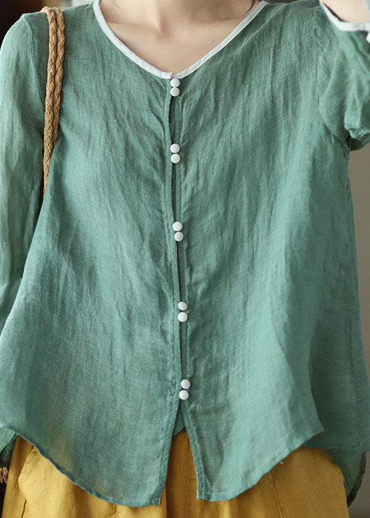Green Patchwork Button Linen Top O Neck Summer