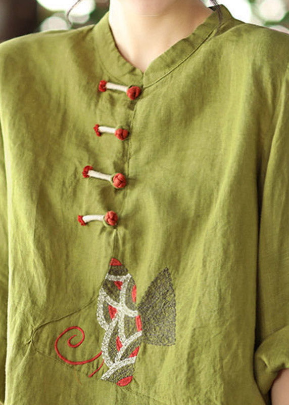 Green Patchwork Button Linen Tops Long Sleeve