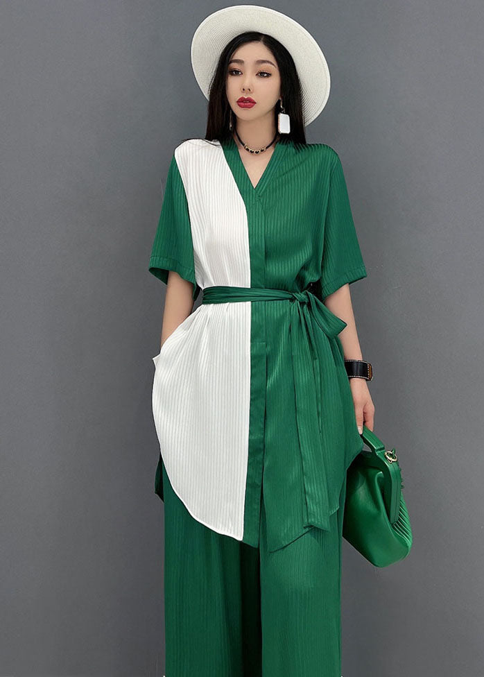 Green Patchwork Chiffon Tops And Wide Leg Pants Two Pieces Set V Neck Tie Waist Summer