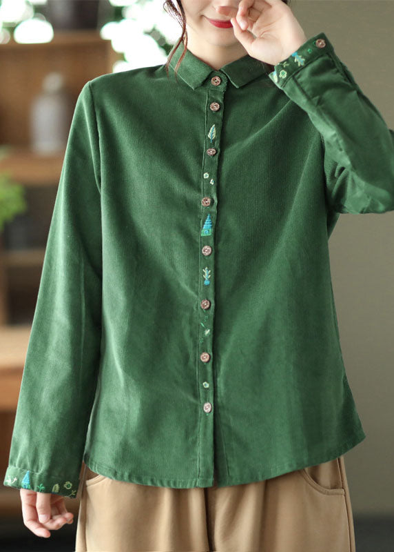 Green Patchwork Corduroy Tops Peter Pan Collar Button Spring