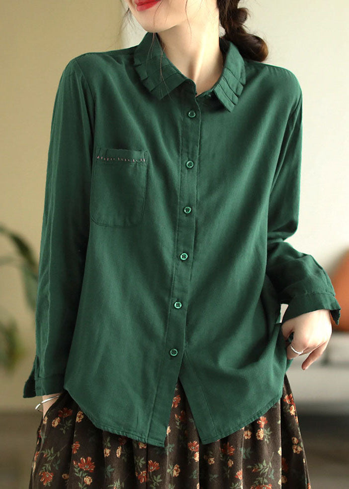 Green Patchwork Cotton Blouse Top Wrinkled Long Sleeve