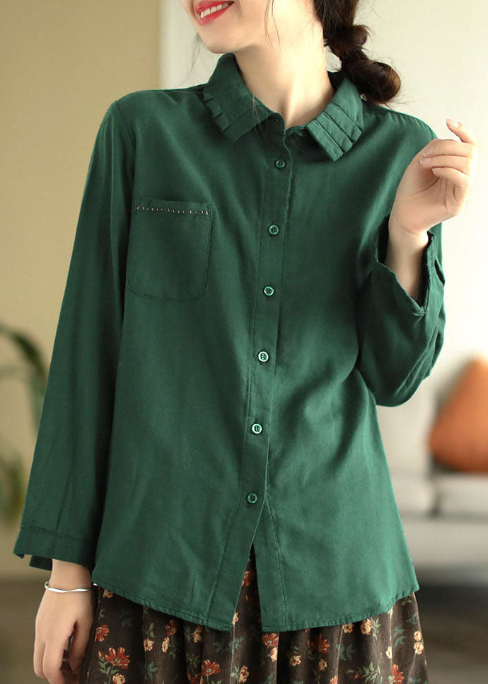 Green Patchwork Cotton Blouse Top Wrinkled Long Sleeve