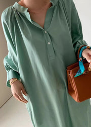 Green Patchwork Cotton Dress Wrinkled Stand Collar Long Sleeve