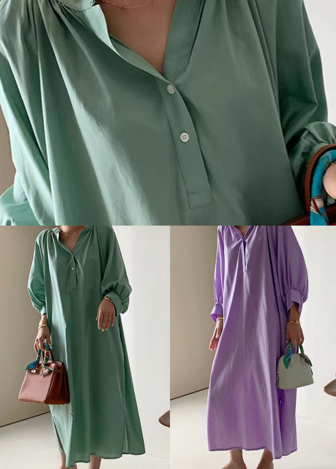Green Patchwork Cotton Dress Wrinkled Stand Collar Long Sleeve