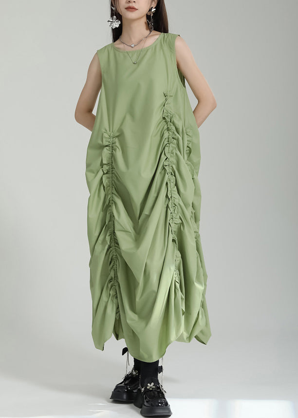 Green Patchwork Cotton Dresses Asymmetrical Ruffled Sleeveless