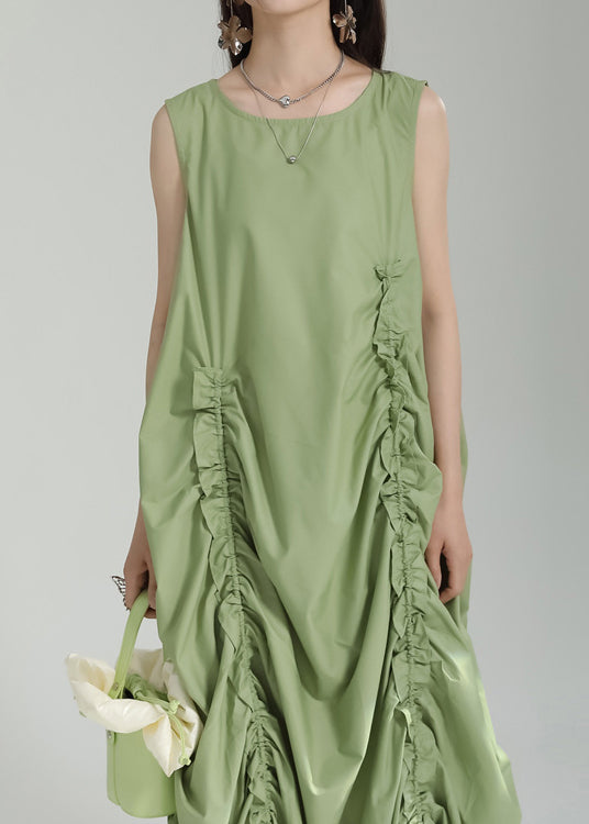 Green Patchwork Cotton Dresses Asymmetrical Ruffled Sleeveless