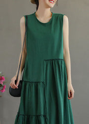 Green Patchwork Cotton Holiday Dress Wrinkled Sleeveless