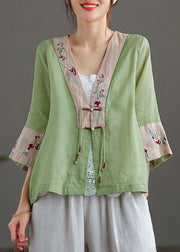 Green Patchwork Cotton Linen Loose Shirts Tassel Embroidered Bracelet Sleeve