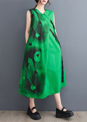 Green Patchwork Cotton Long Dress V Neck Lace Up Sleeveless