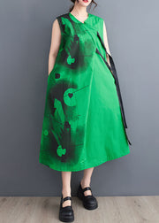 Green Patchwork Cotton Long Dress V Neck Lace Up Sleeveless