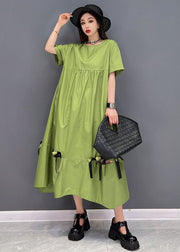Green Patchwork Cotton Loose Dresses Solid Ruffles Short Sleeve