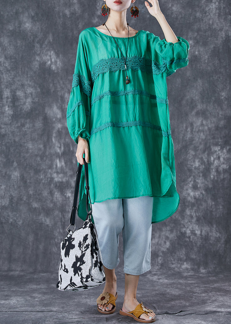 Green Patchwork Cotton Maxi Dresses Oversized Puff Sleeve