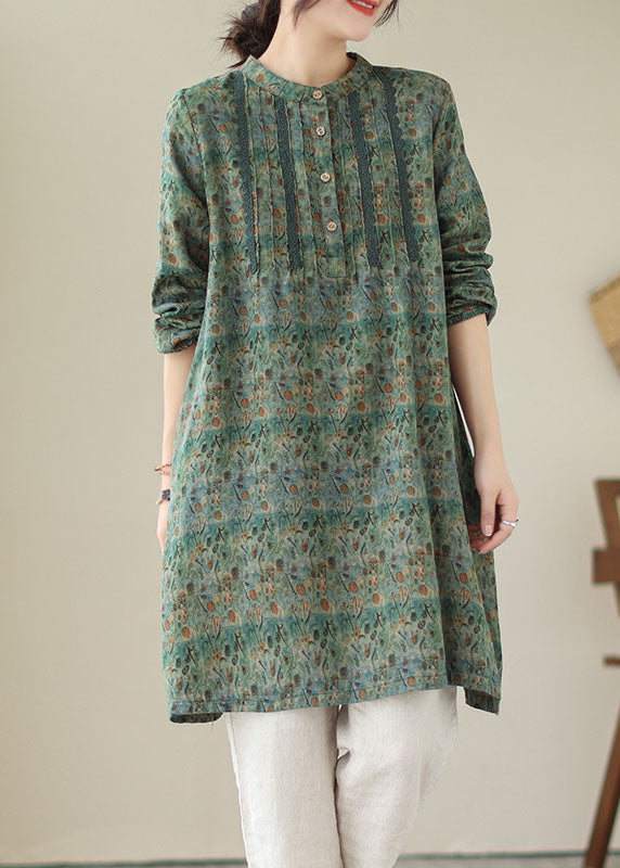 Green Patchwork Cotton Mid Shirts Dress Wrinkled Long Sleeve