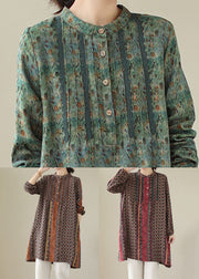 Green Patchwork Cotton Mid Shirts Dress Wrinkled Long Sleeve