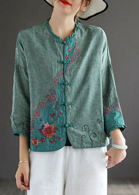 Green Patchwork Cotton Shirt Ruffled Chinese Button Spring