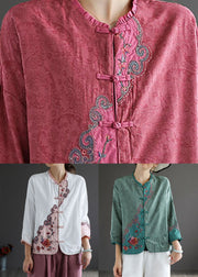 Green Patchwork Cotton Shirt Ruffled Chinese Button Spring