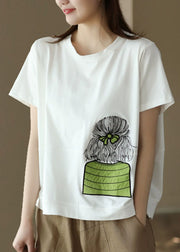 Green Patchwork Cotton T Shirt Top Embroidered Short Sleeve