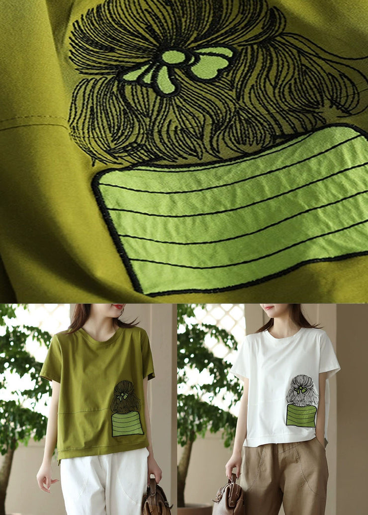 Green Patchwork Cotton T Shirt Top Embroidered Short Sleeve