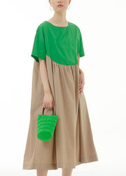Green Patchwork Cotton Vacation Dresses O Neck Wrinkled Summer