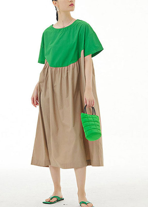 Green Patchwork Cotton Vacation Dresses O Neck Wrinkled Summer